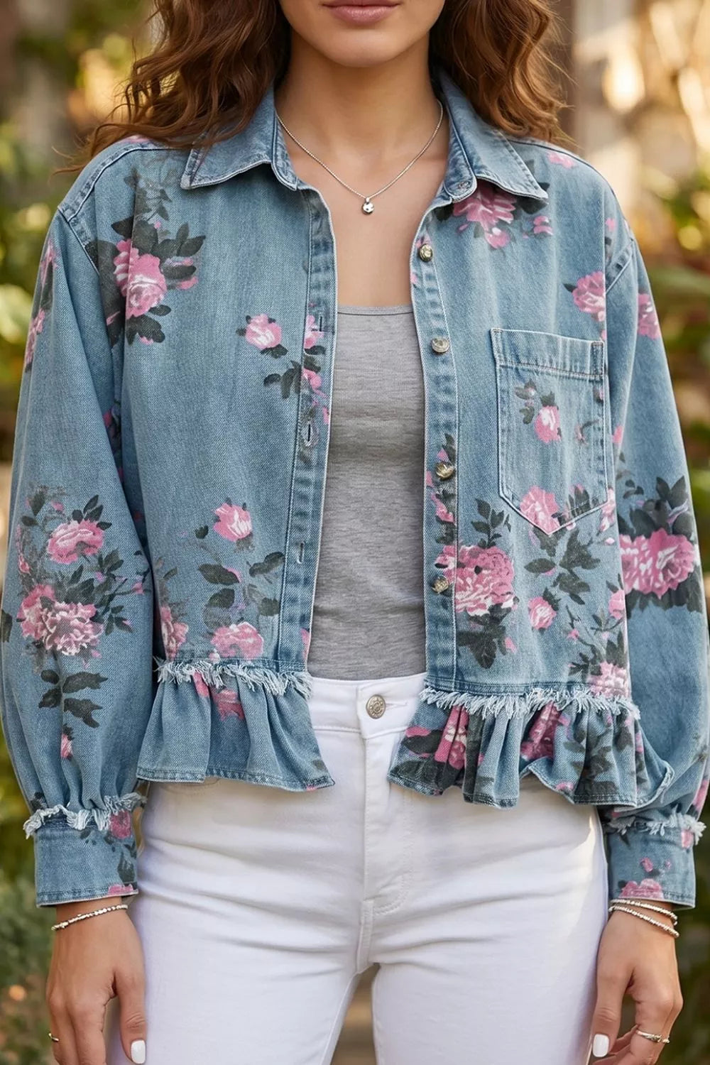 Detail of the floral print and button front placket
