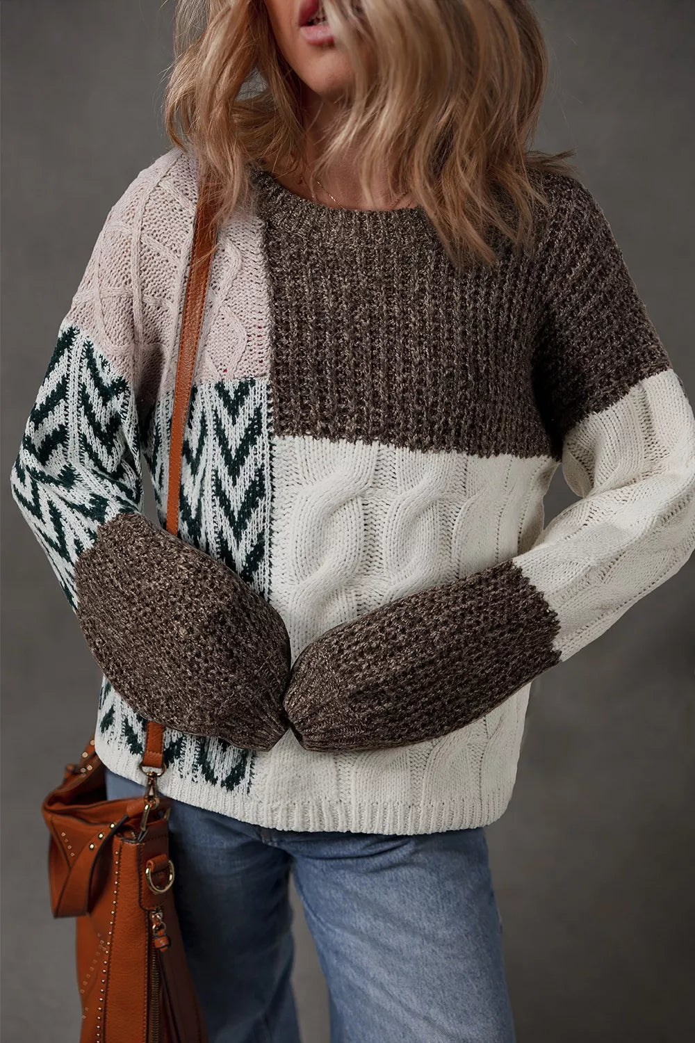 dark brown color block cable knit sweater back view