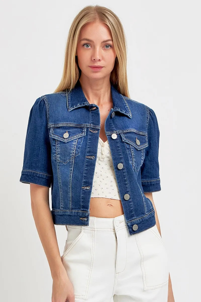 RISEN Puffed Short Sleeve Crop Denim Jackets - Fashorio