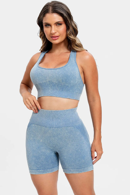 3 Piece Washed Square Neck Wide Strap Active Set - Fashorio