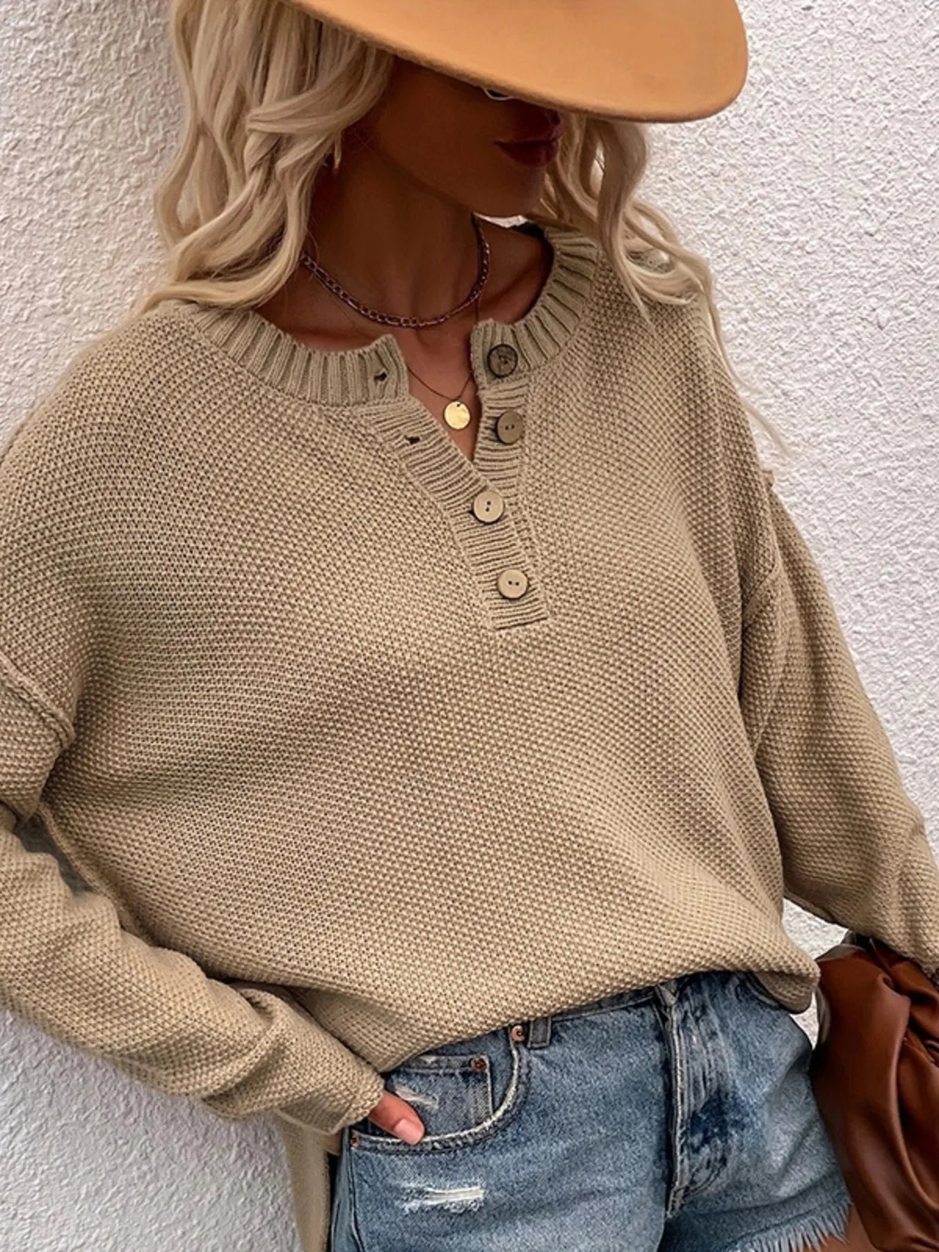 Button Detail Long Sleeve Knit Top - Fashorio