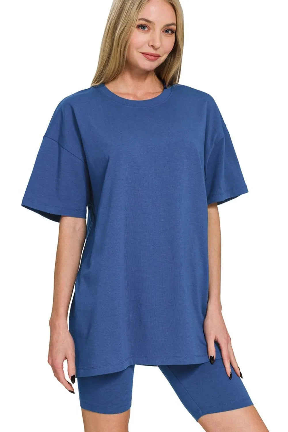 Zenana Cotton Round Neck Top & Biker Shorts LT NAVY - Fashorio