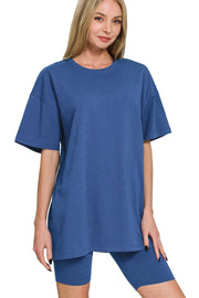 Zenana Cotton Round Neck Top & Biker Shorts LT NAVY - Fashorio