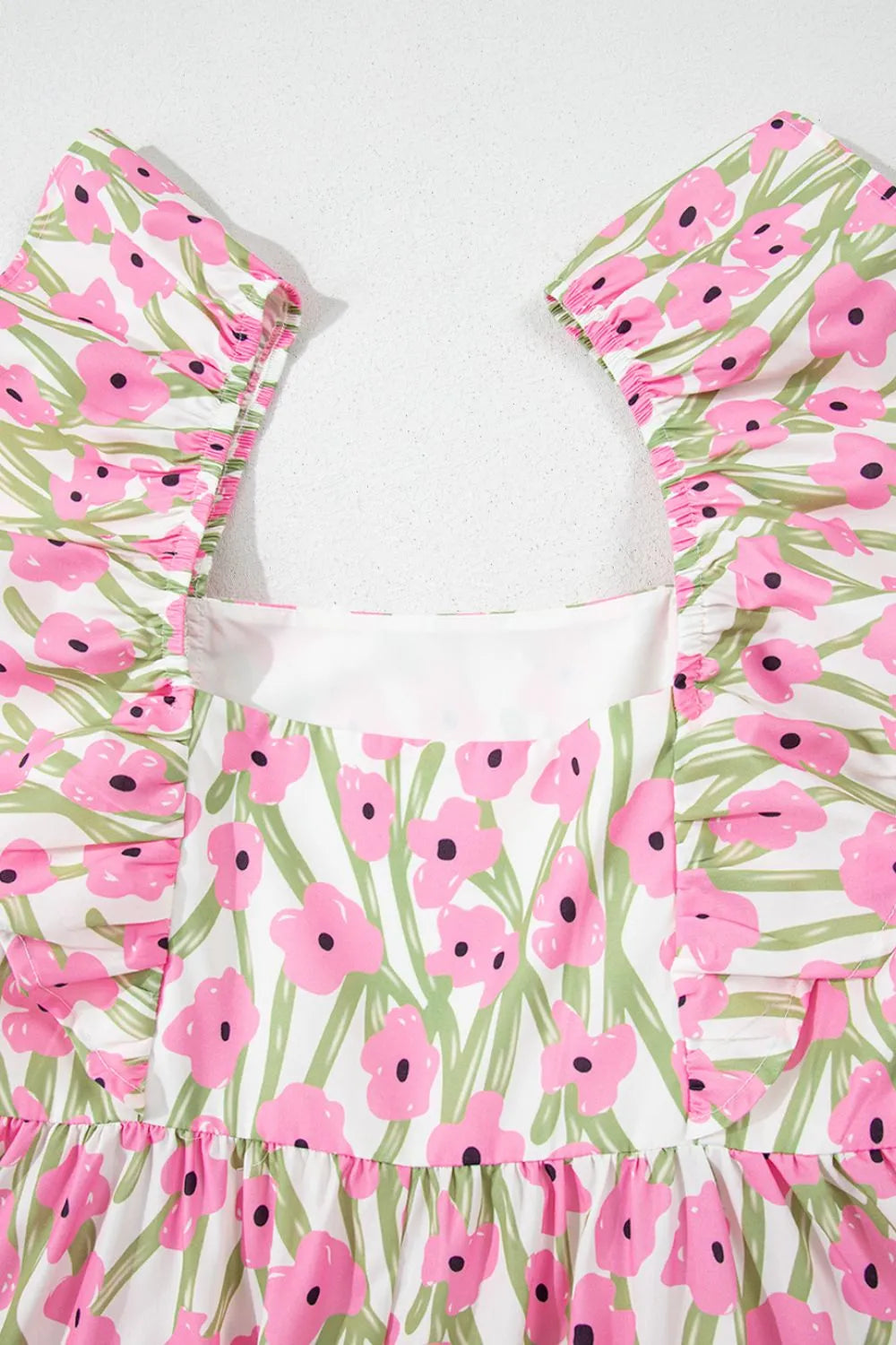 Blush pink floral square neck cap sleeve maxi dress, three quarter view