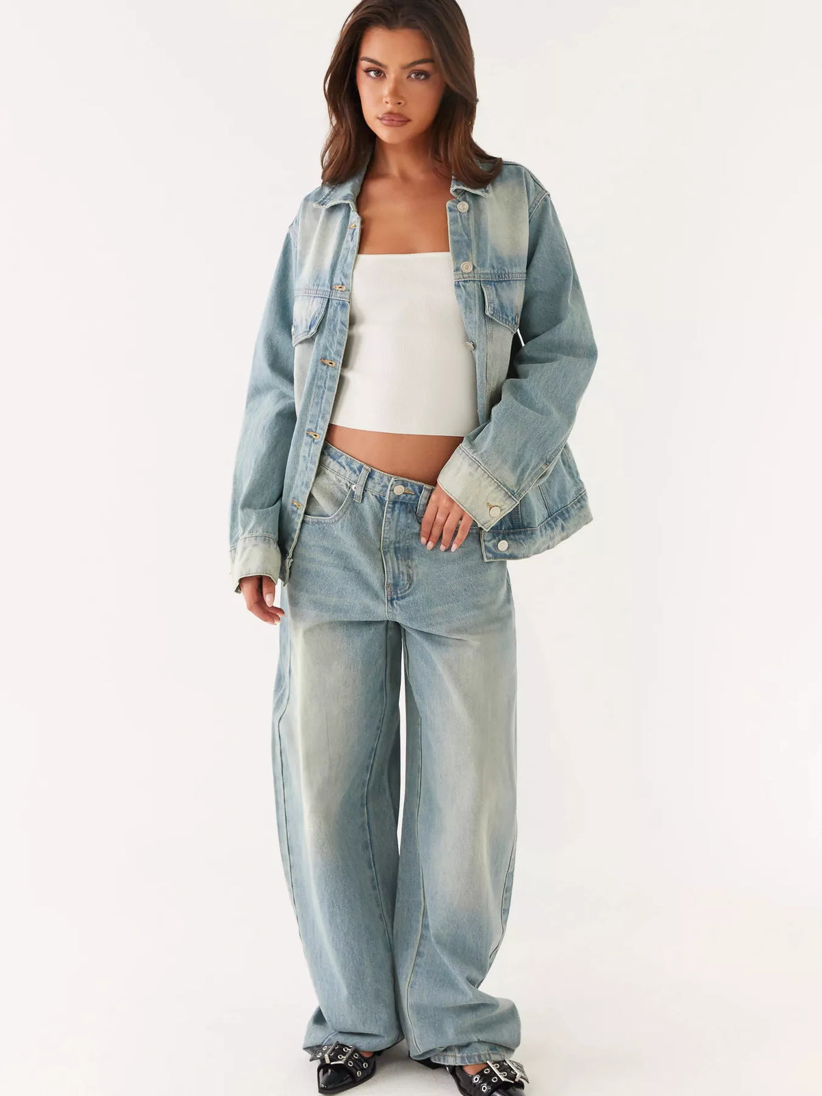 Womens denim jacket and jeans set back view
