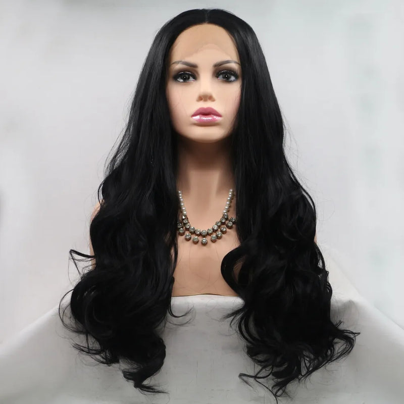 Long wavy black lace front wig