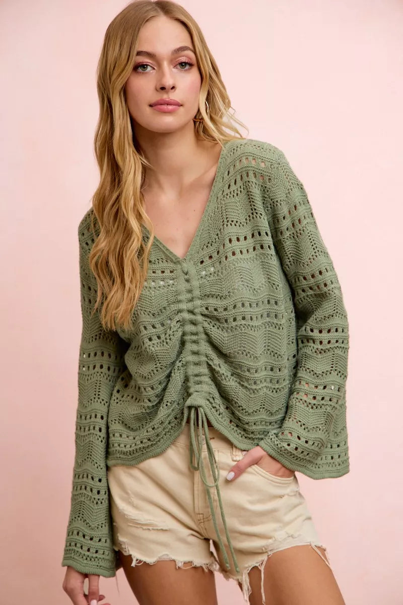 Pointelle knit V neck ruched front top front view