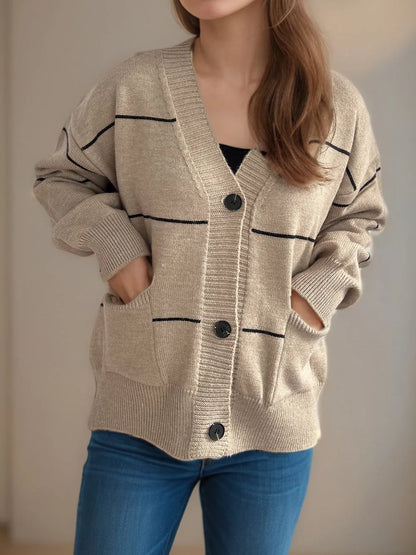 Striped Button Down V-Neck Long Sleeve Cardigan Tan One Size - Fashorio