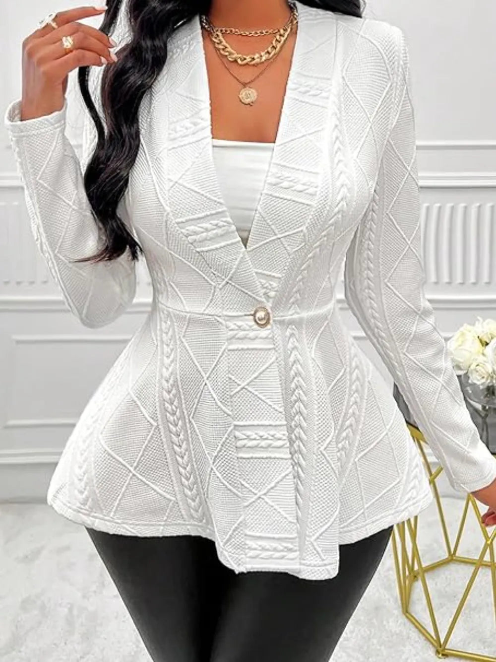 One Button Textured Peplum Cardigan - Fashorio