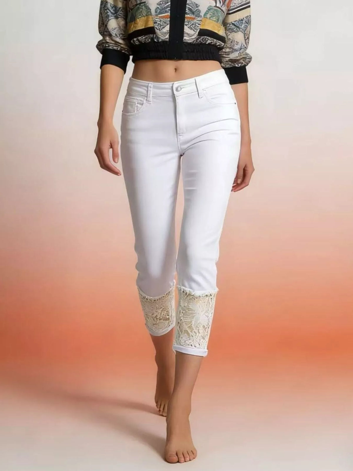 Lace trimmed capri jeans front view