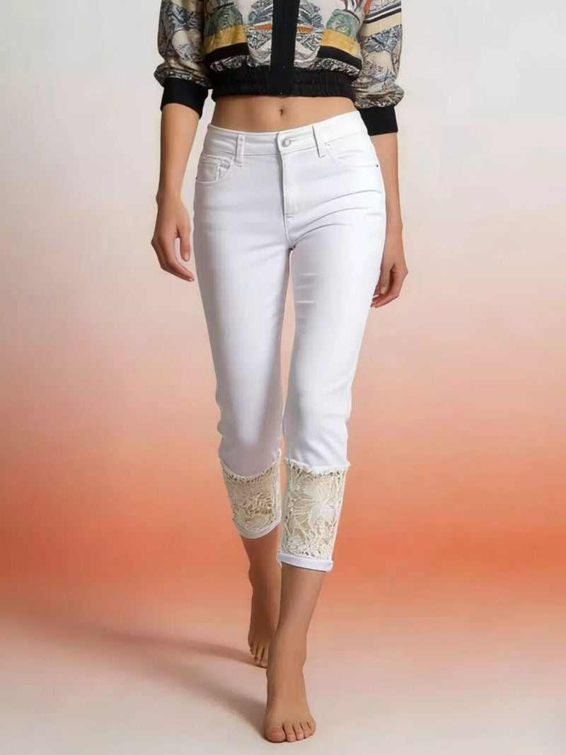 Lace trimmed capri jeans front view