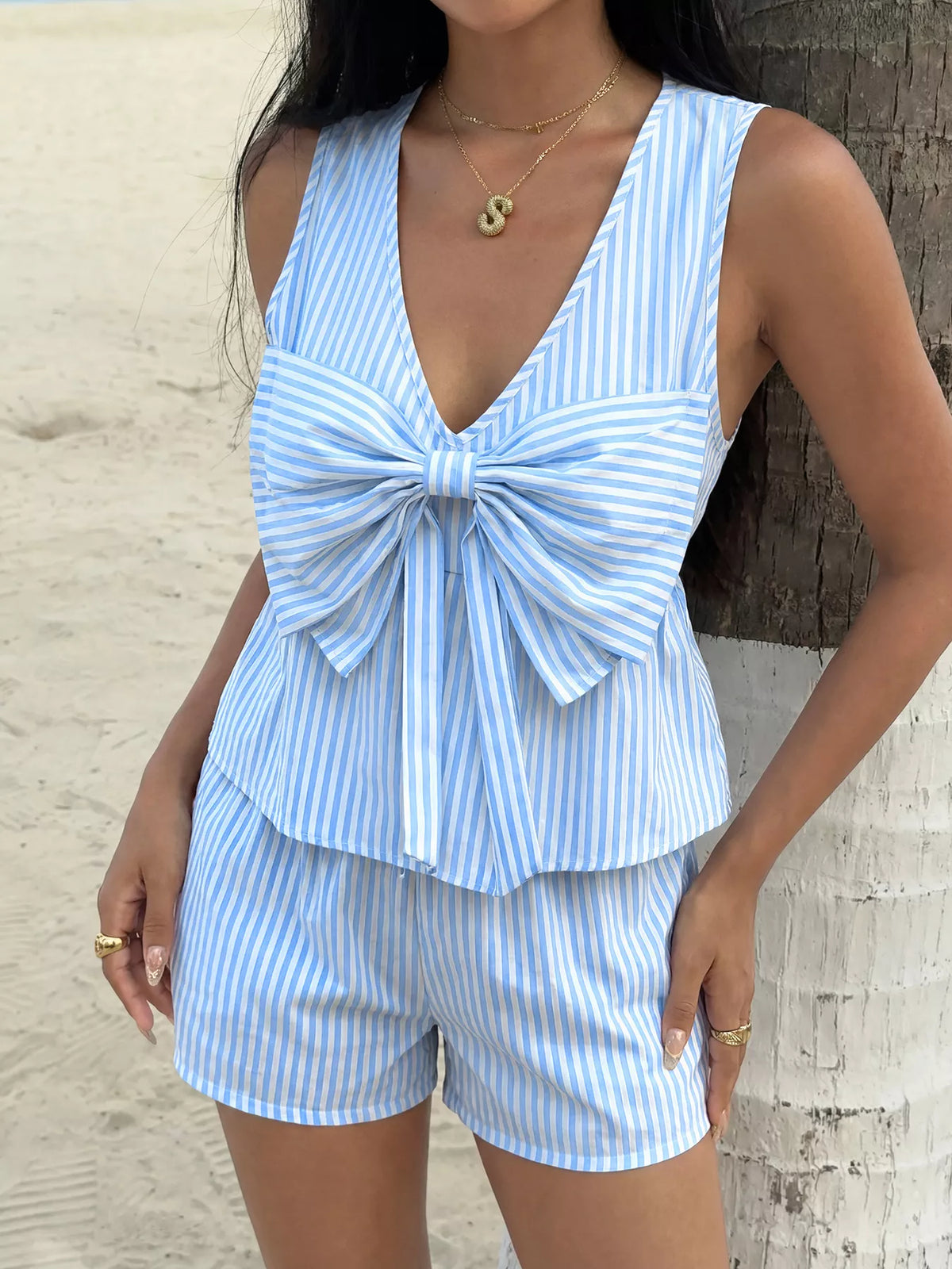 Striped bow sleeveless top and shorts two piece set front view