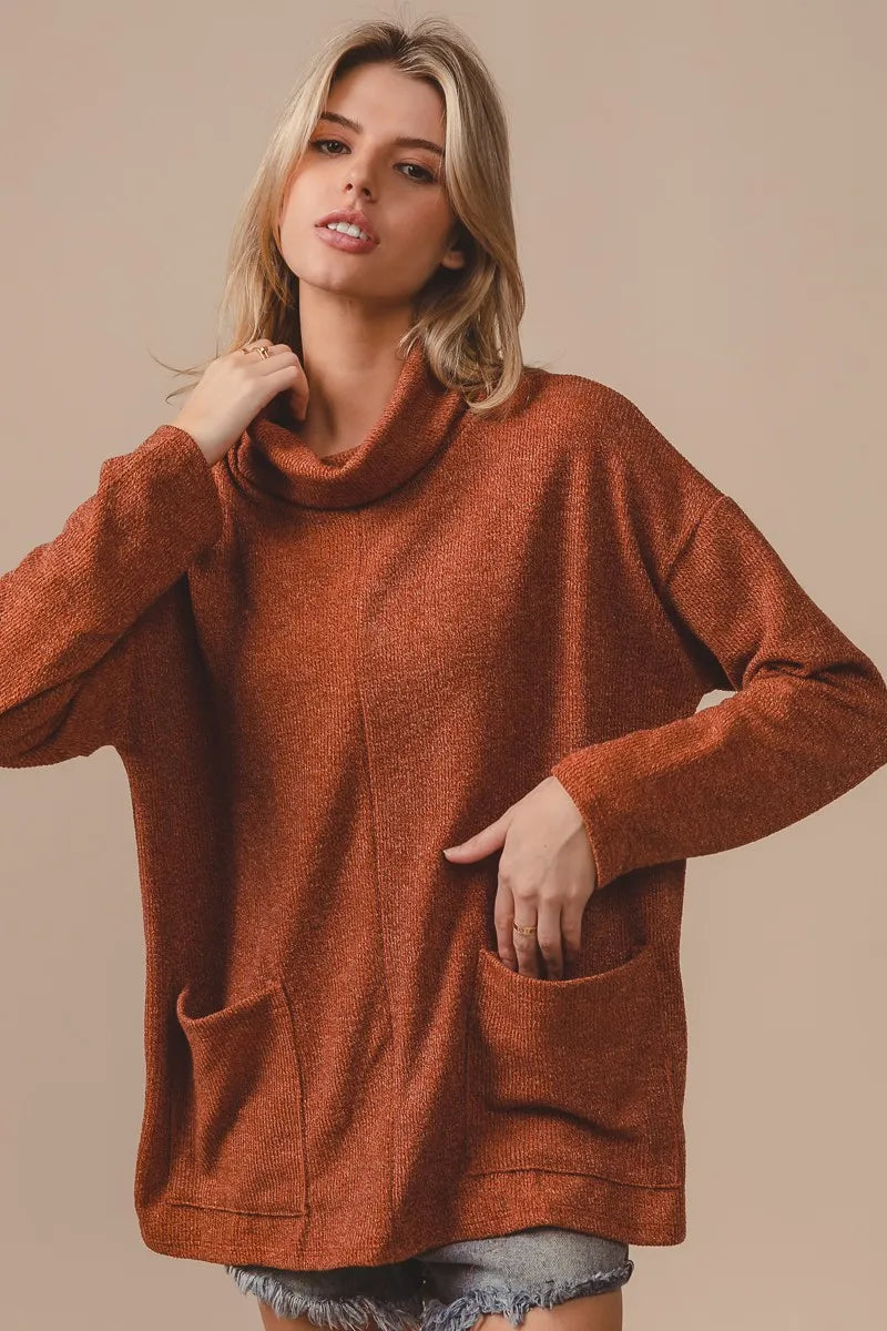 Ribbed Double Pocket Turtleneck Sweater in Rust back view