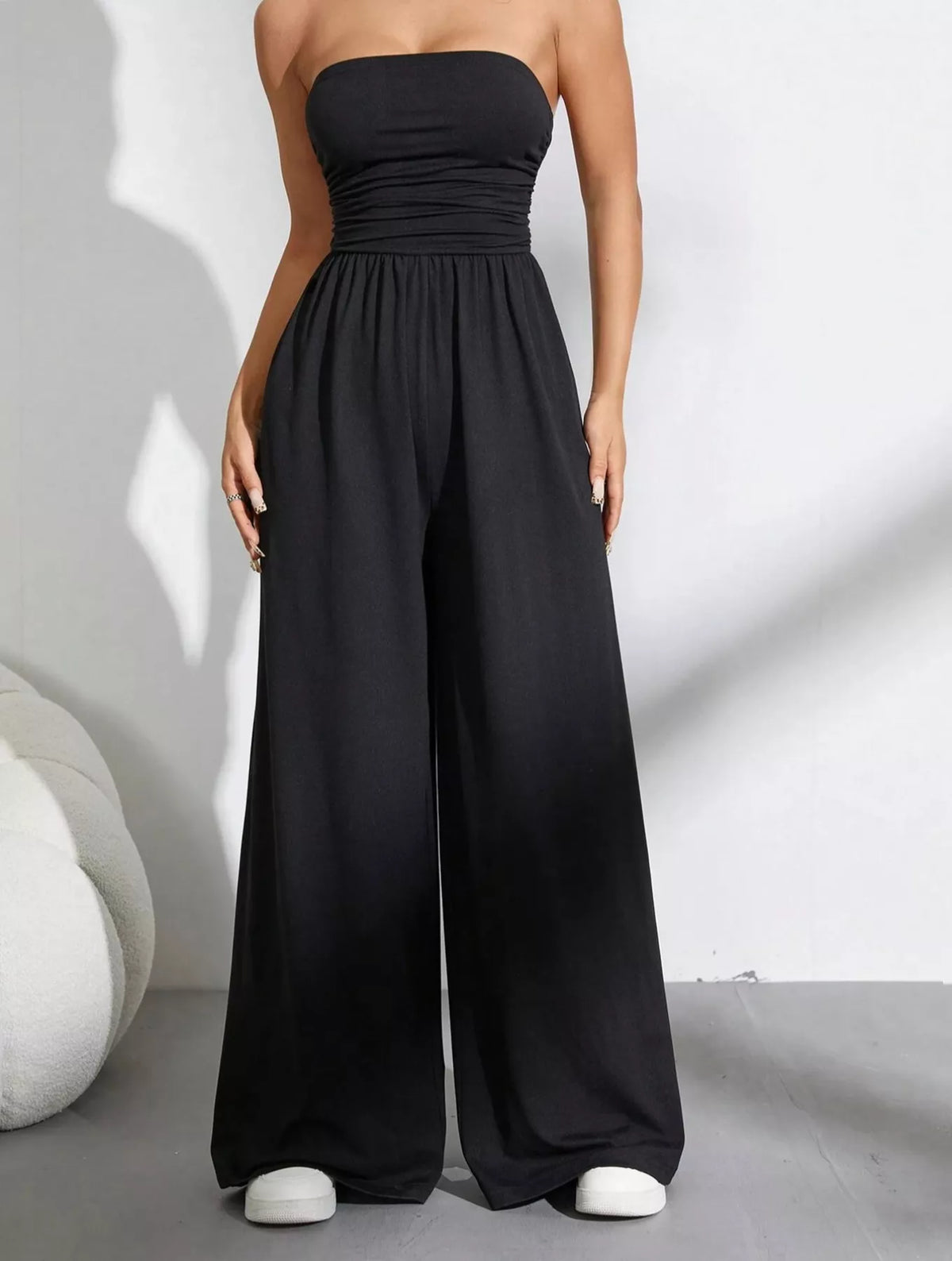 Wide leg strapless tube top jumpsuit close up detail