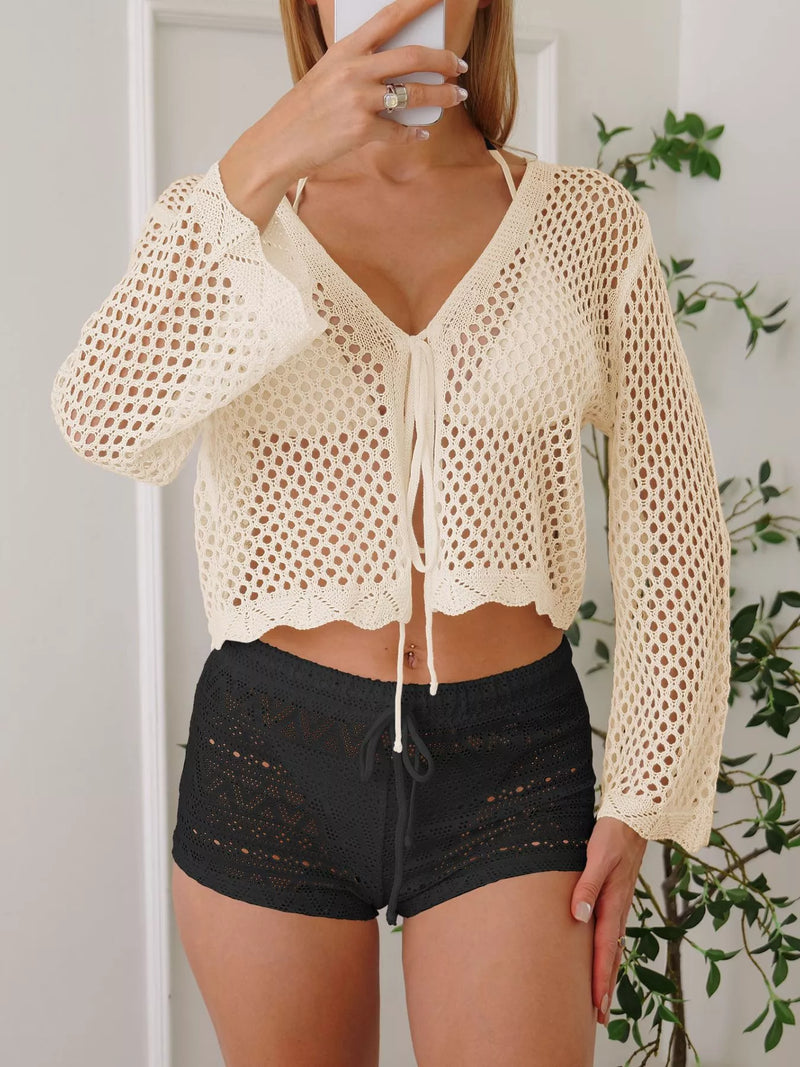 Crochet tie front knit cover up top front view