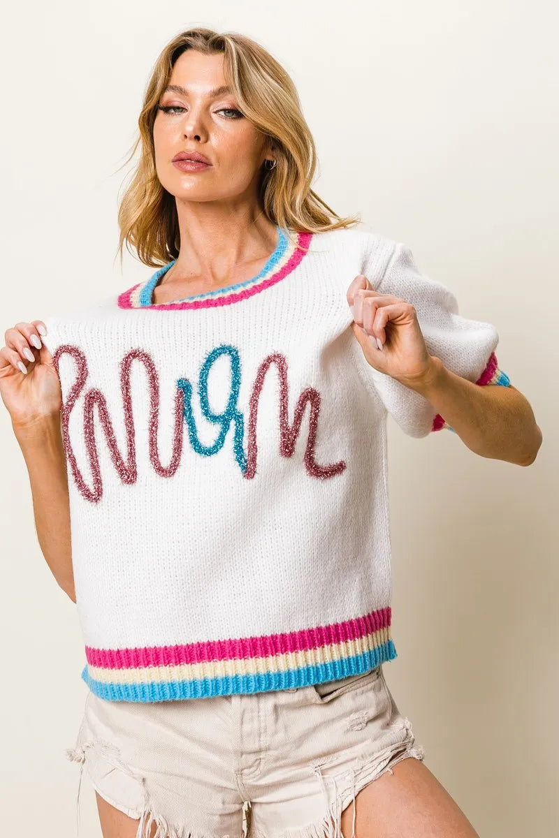Metallic Letter Puff Sleeve Sweater in Fuchsia close up