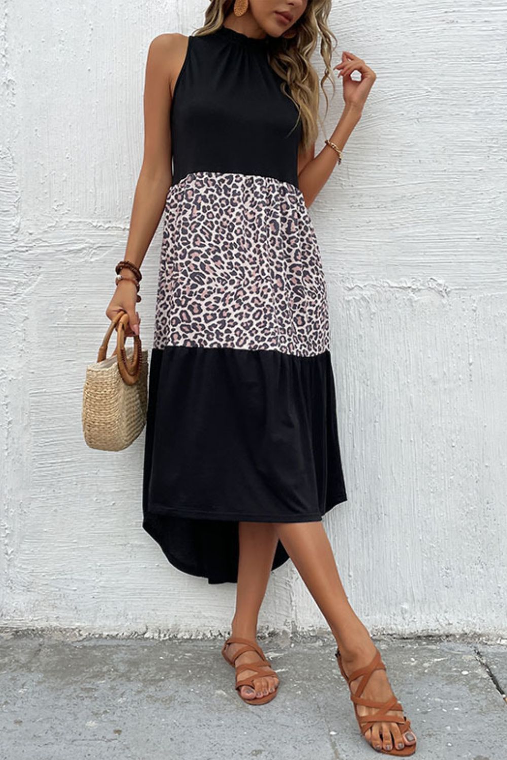 Perfee Leopard Contrast Sleeveless Maxi Dress Black Leopard - Fashorio