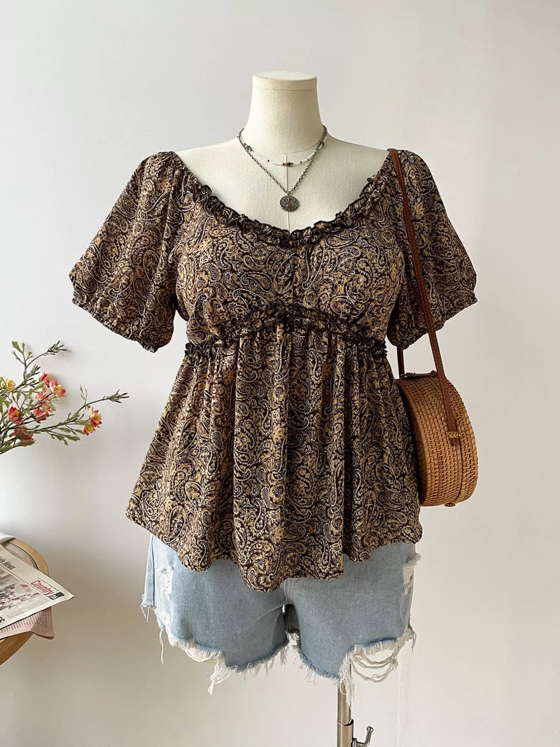 Coffee brown paisley print short sleeve blouse front view