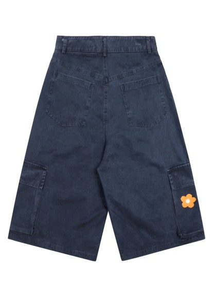 Men's Flower Embroidered Denim Cargo Shorts - Fashorio