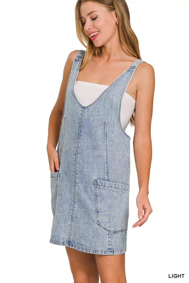 Zenana light wash denim overall dress detail view