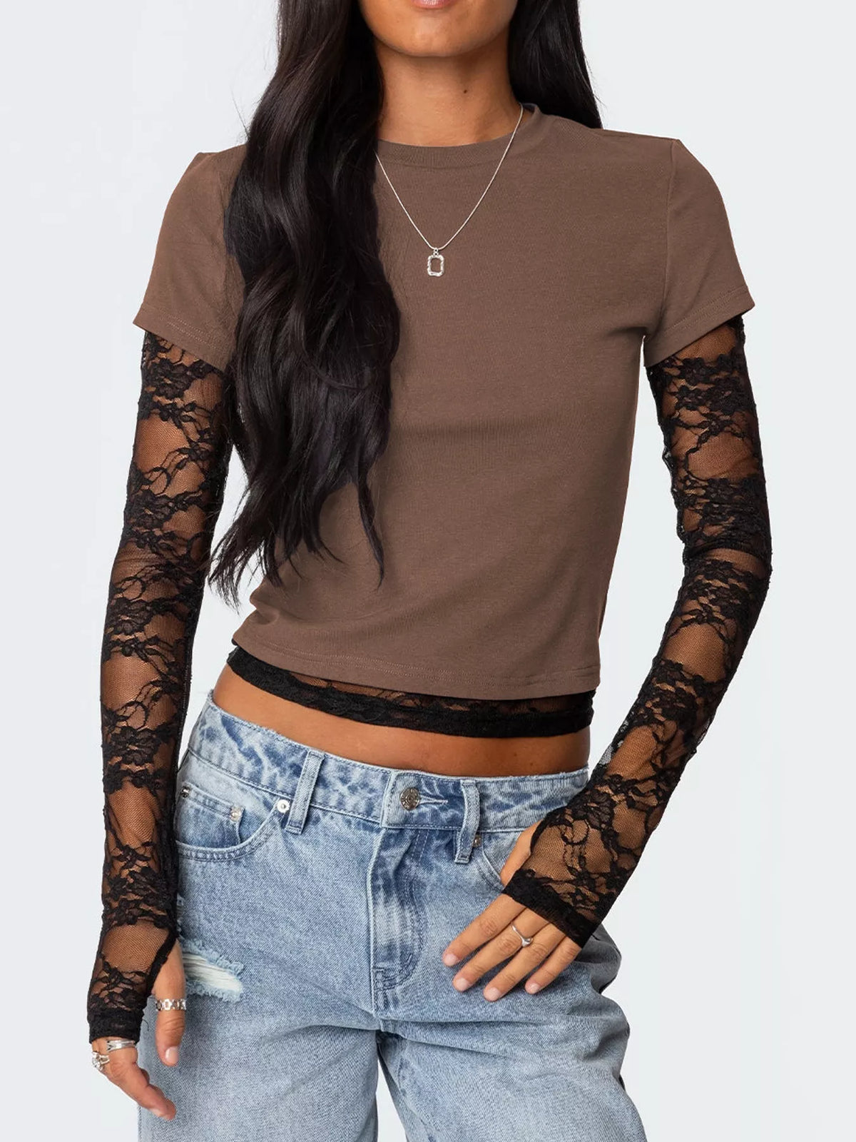 Cropped tee with sheer lace long sleeves side view