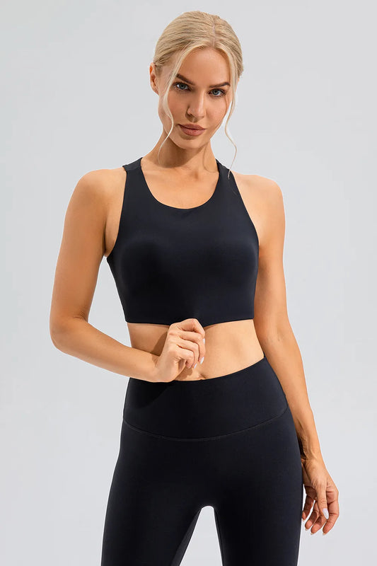Round Neck Cutout Cropped Active Tank Black - Fashorio