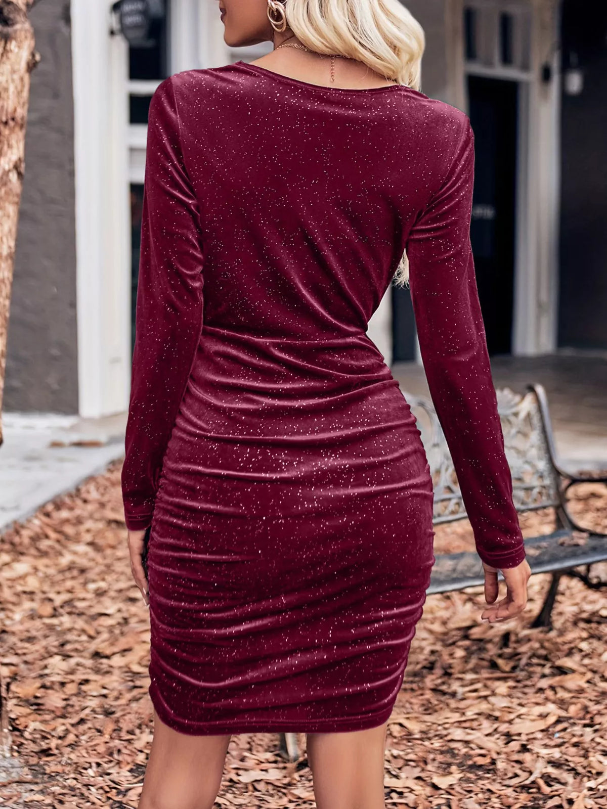 velvet cowl neck ruched bodycon dress seated pose