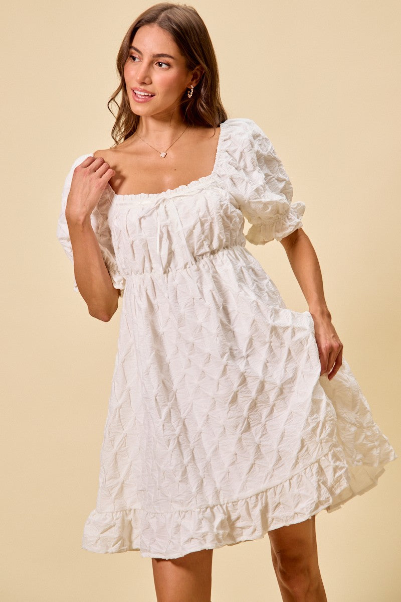 Textured Ruched Bust Mini Dress in Off White close up