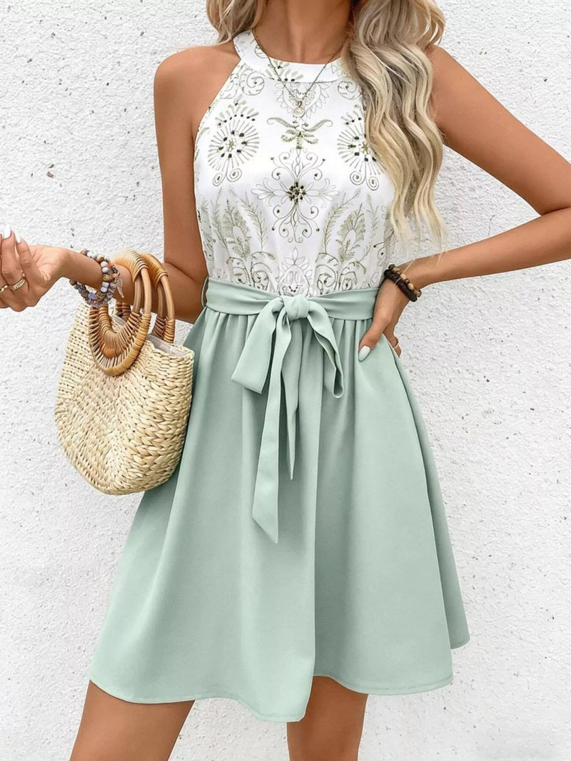 Light green sleeveless A line dress front view