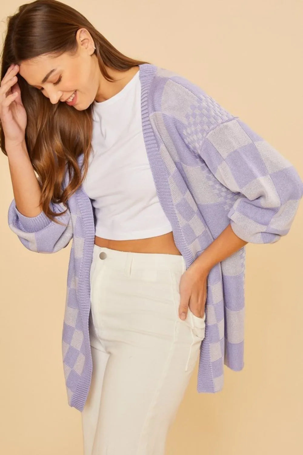 Annie Wear Checkered Open Front Drop Shoulder Cardigan - Fashorio