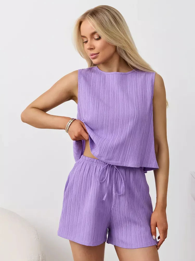 Textured Round Neck Tank and Shorts Set, view 35