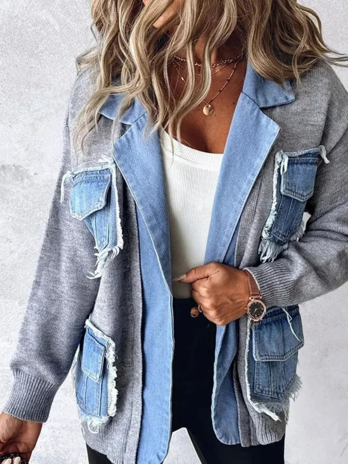 raw hem patchwork pocket cardigan side view