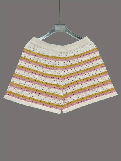 Colorful Striped Button Up Top and Shorts Sweater Set - Fashorio