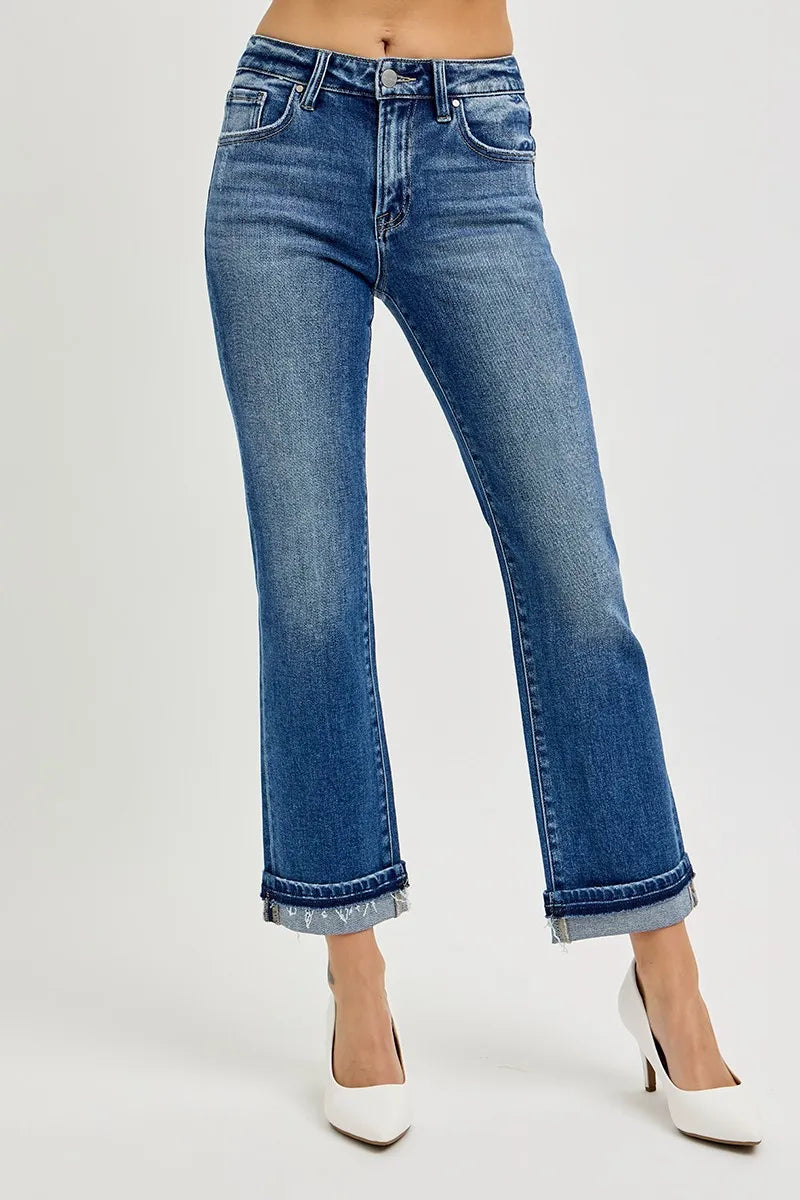 RISEN Mid Rise Ankle Straight Cuffed Jeans - Fashorio