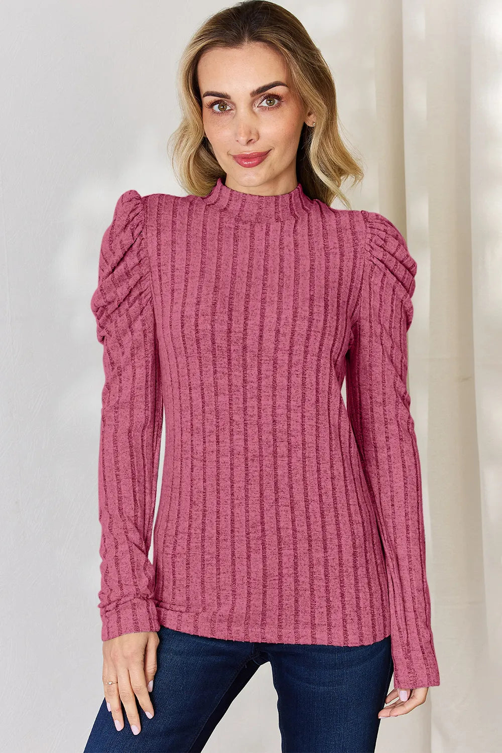 Basic Bae Ribbed Mock Neck Puff Sleeve Top, view 32