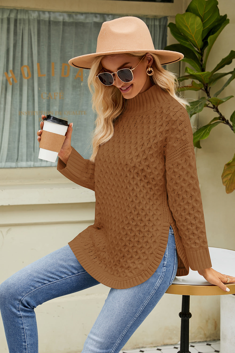 Slit Long Sleeve Mock Neck Sweater - Fashorio