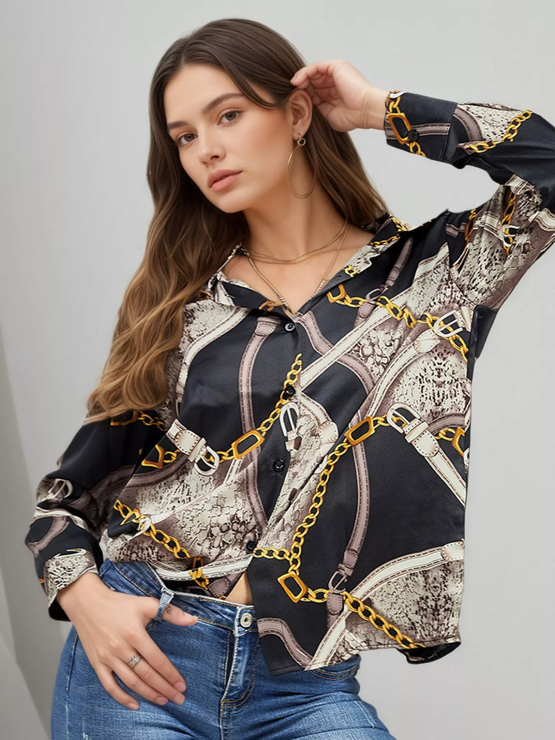 Black printed long sleeve button front shirt front view