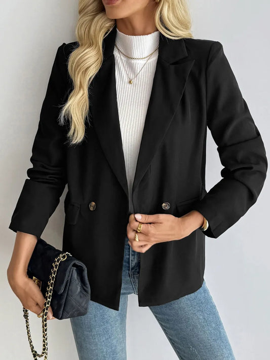 Perfee Lapel Collar Long Sleeve Blazer Black - Fashorio