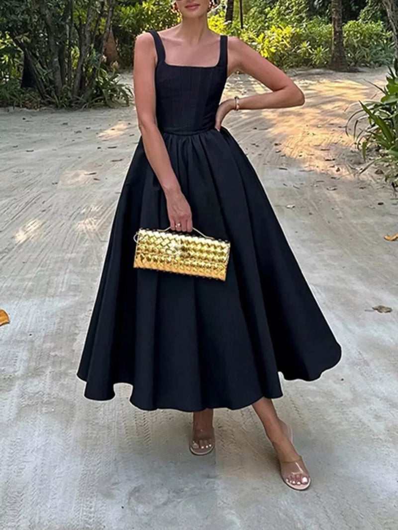 Black square neck a line midi dress front view