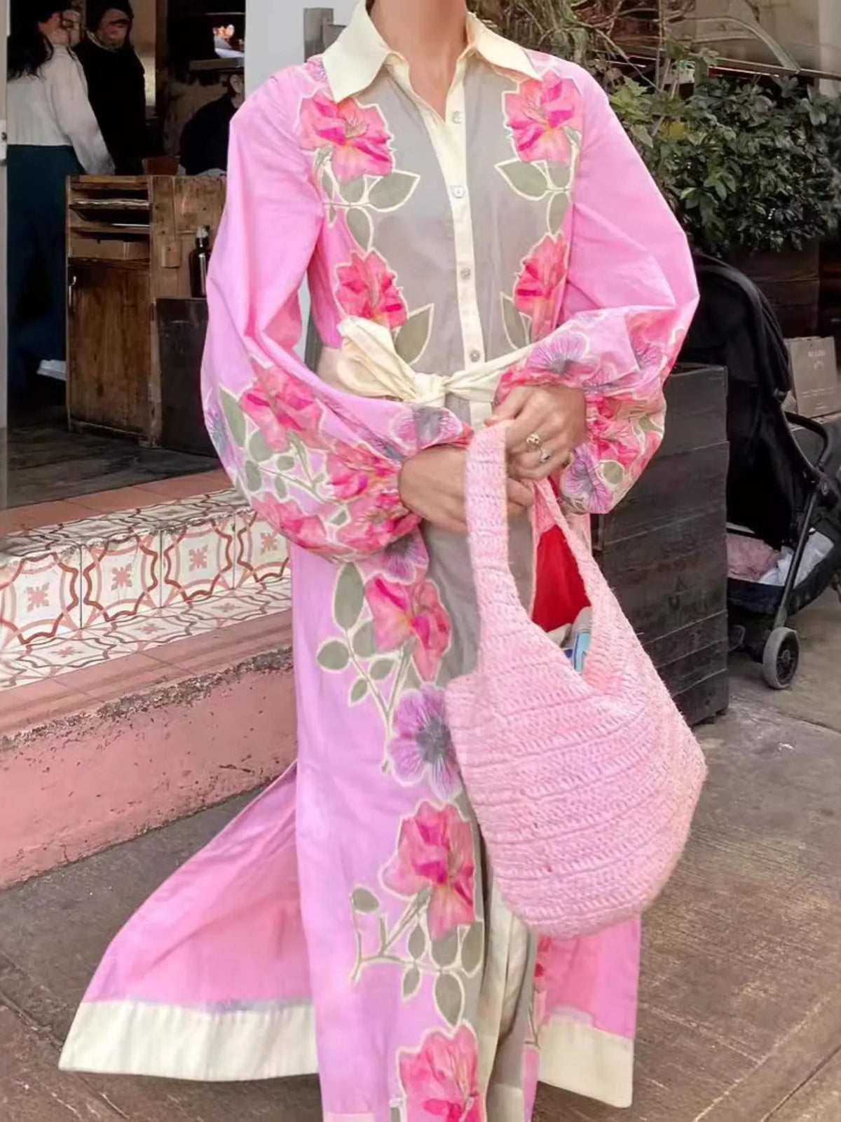 Pink floral long sleeve maxi shirt dress, full length styling