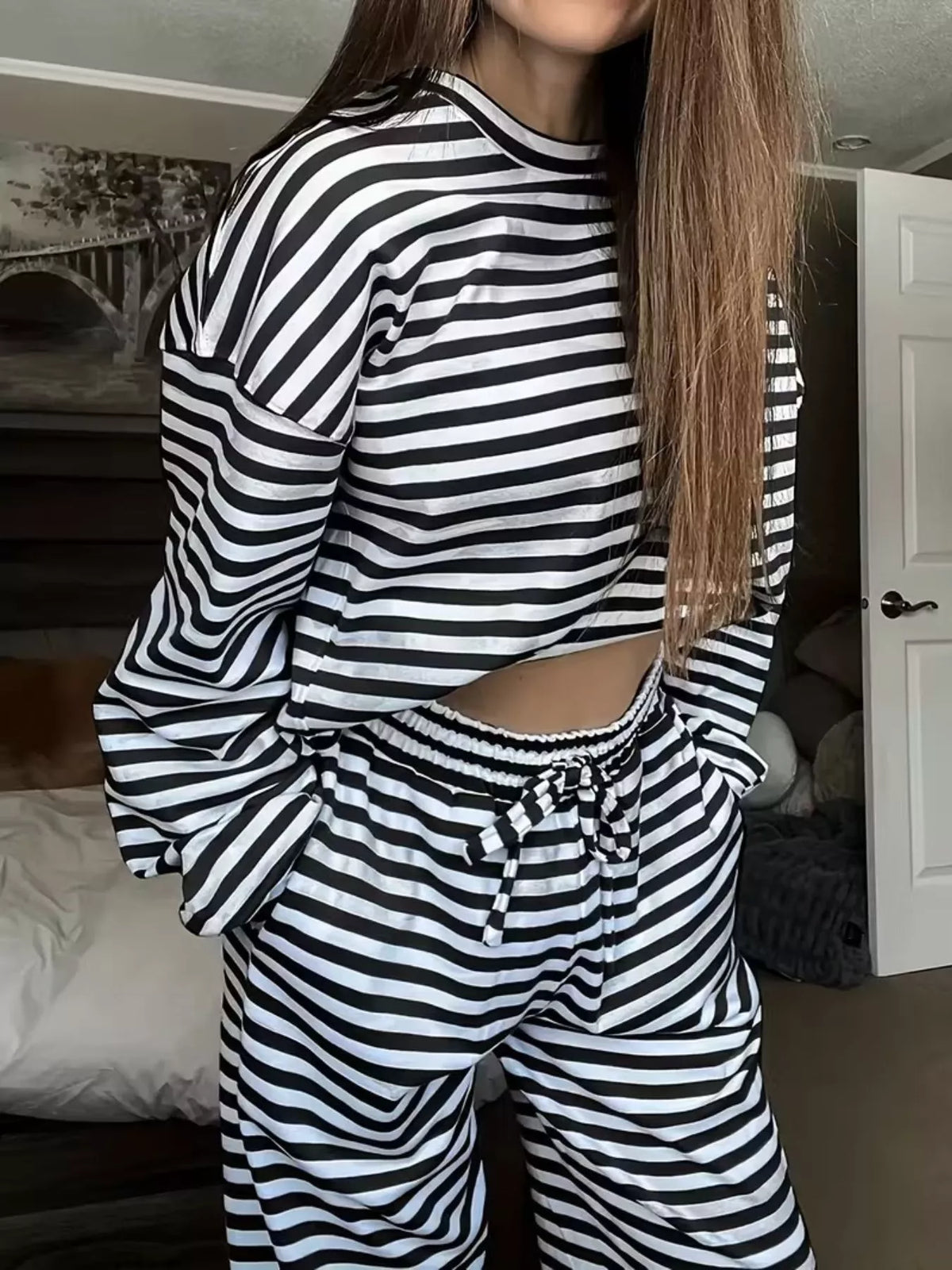 Striped round neck top and pants set front view
