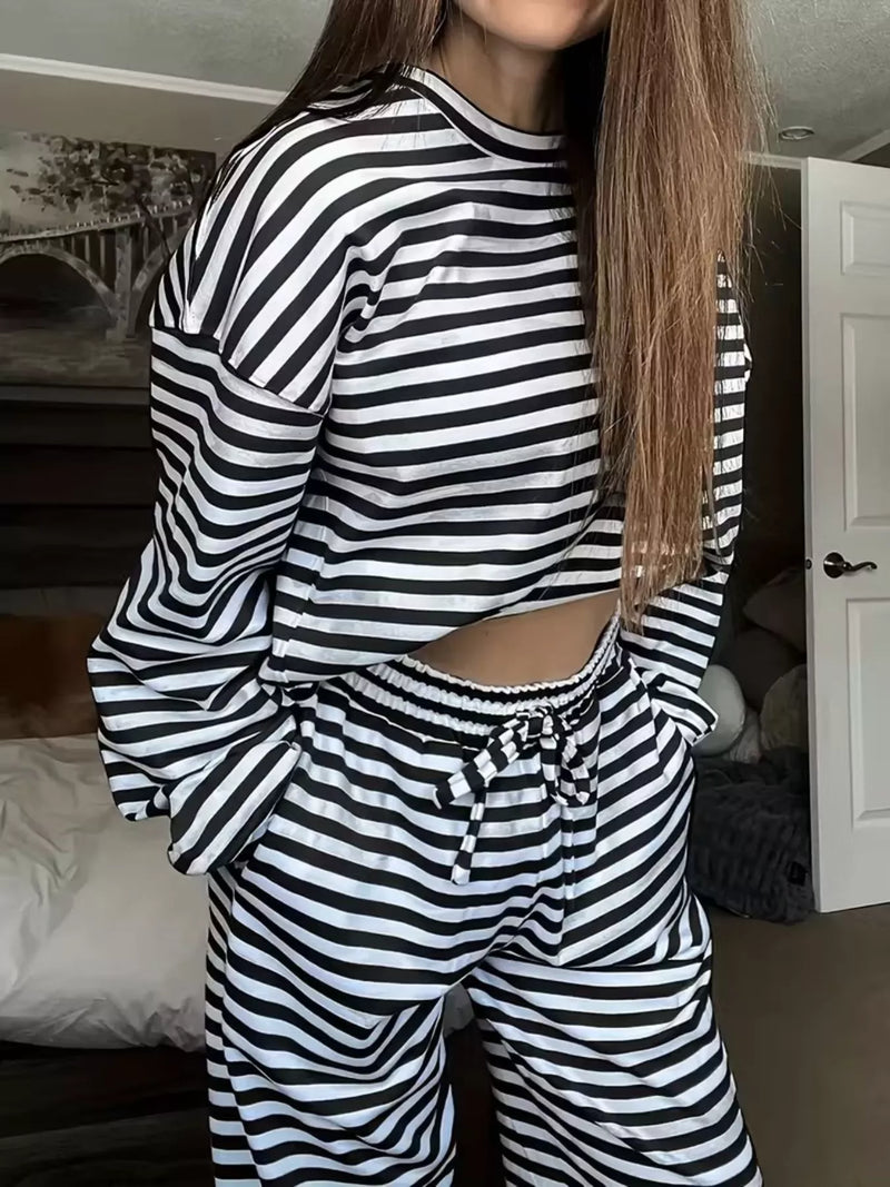 Striped round neck top and pants set front view