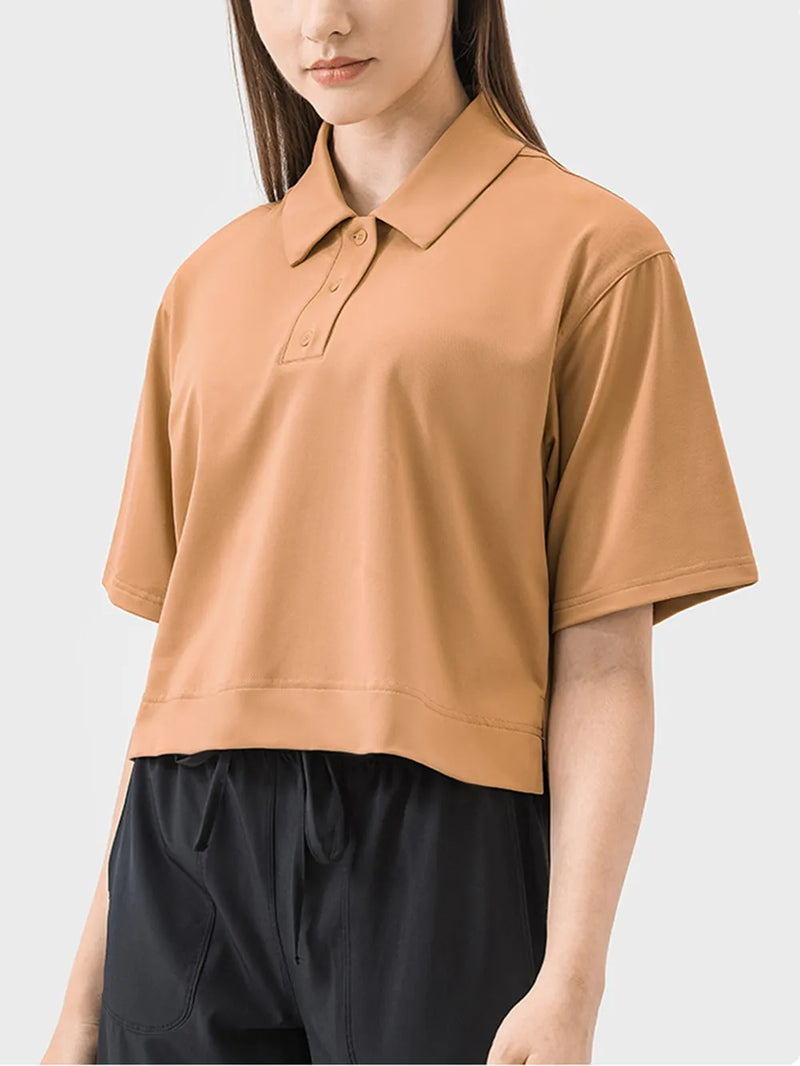Half button short sleeve active tee front view