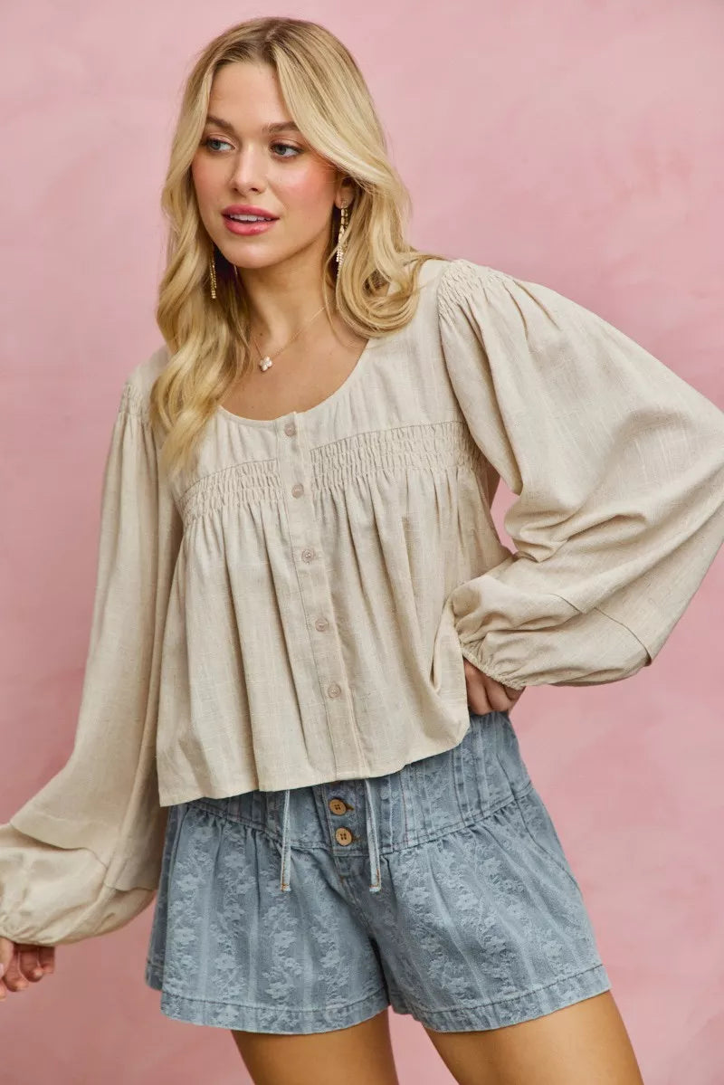 Cream linen blend smocked long sleeve top, styled look