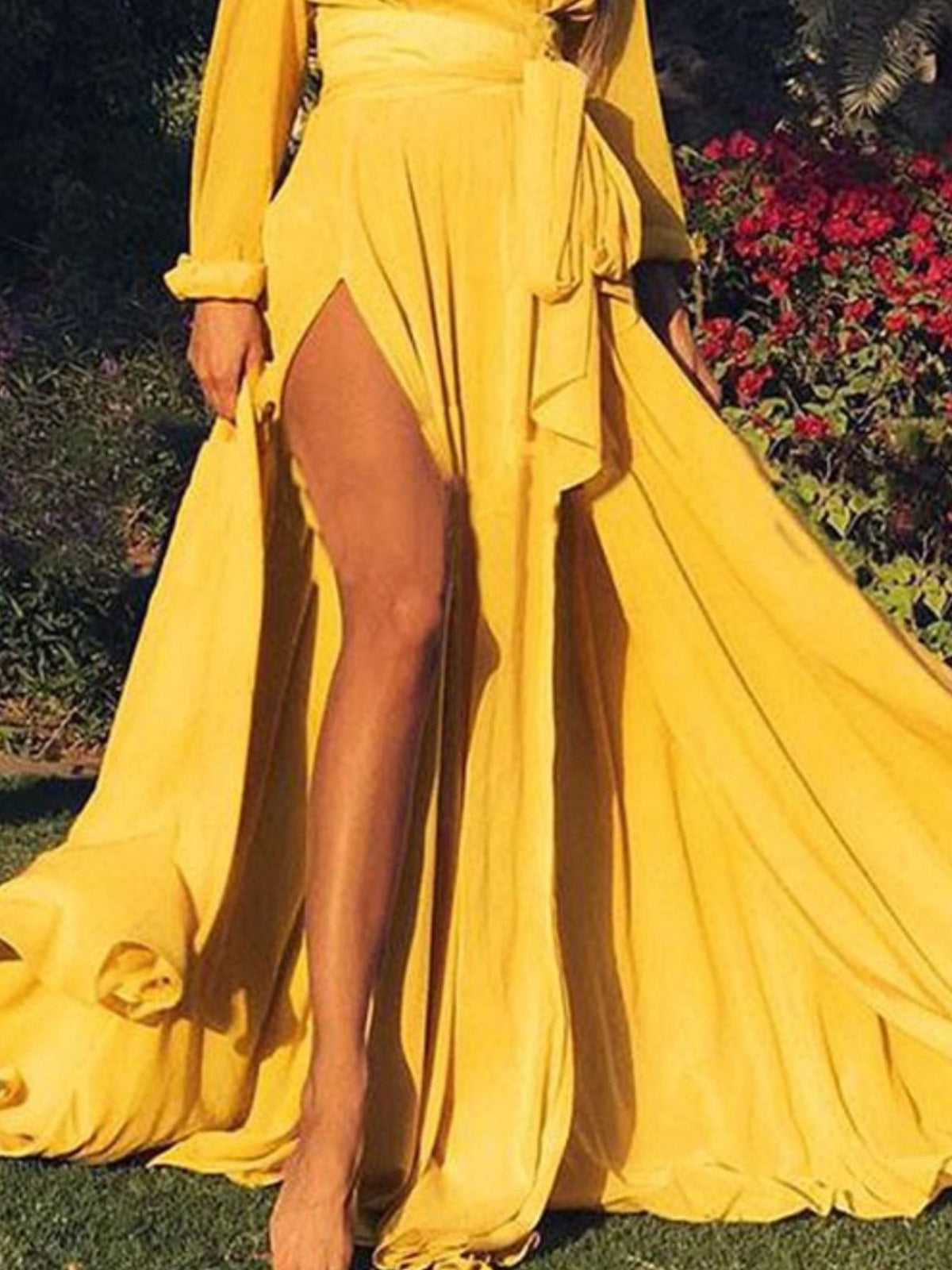 Plus size surplice long sleeve slit maxi dress hem detail