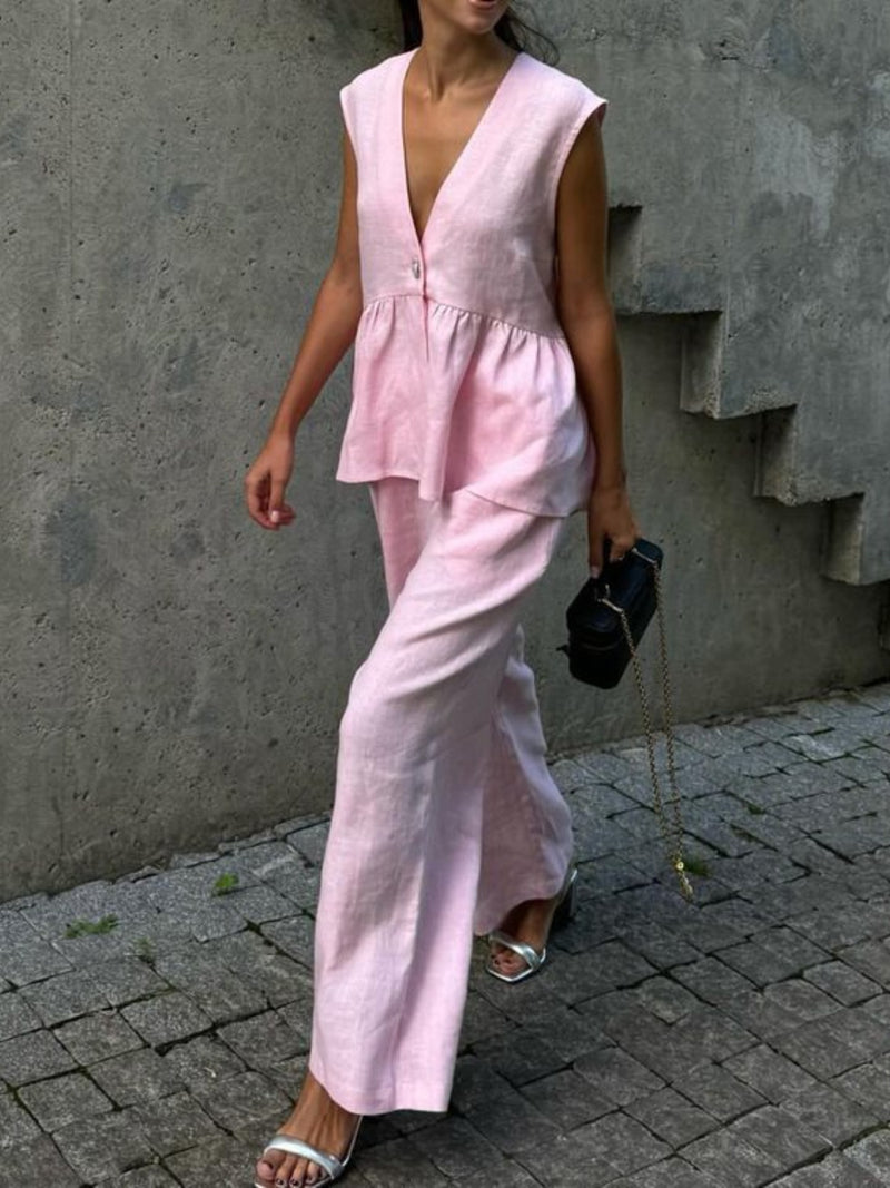 One button sleeveless top and wide leg pants set front view
