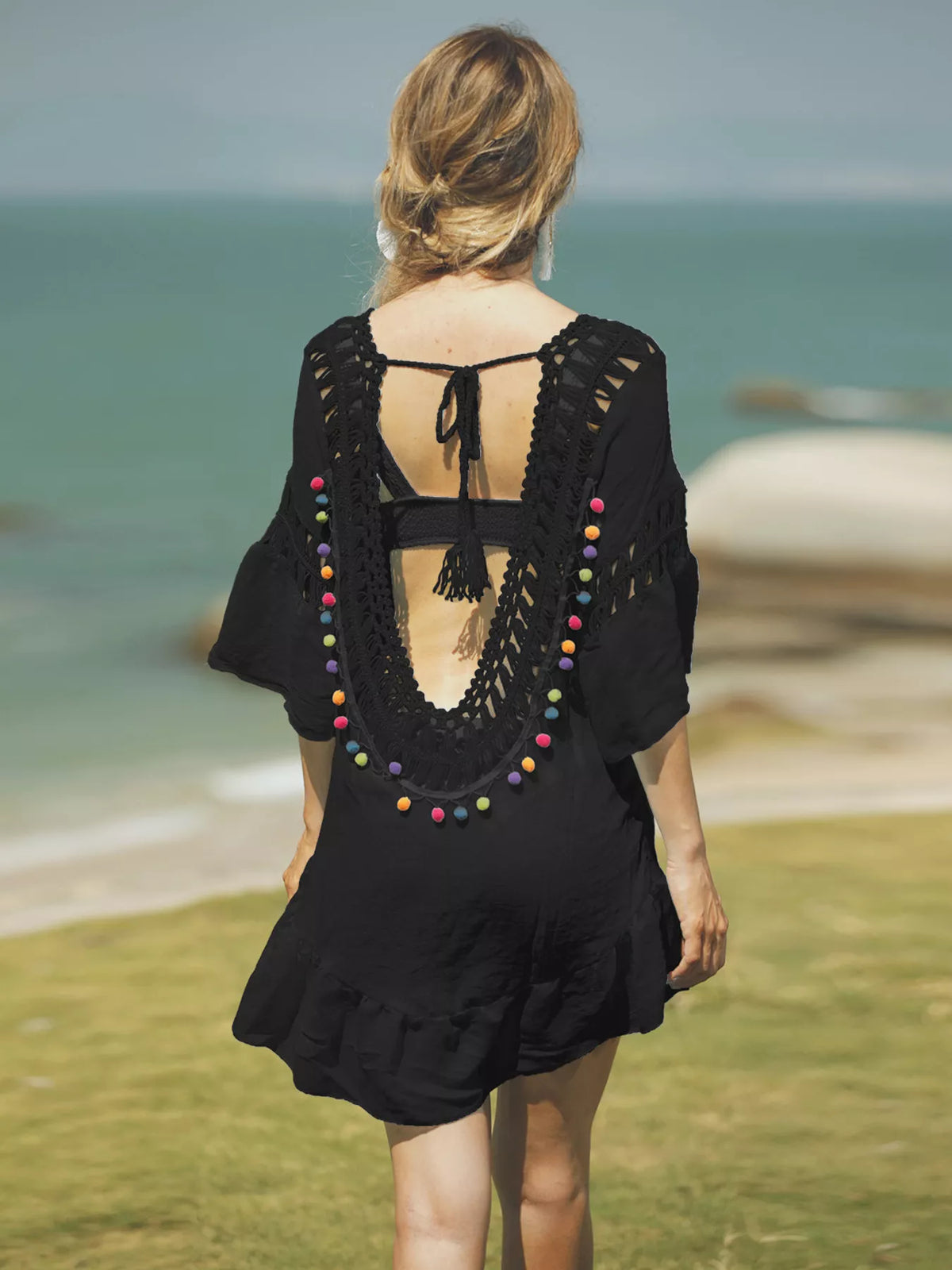 black crochet v neck beach cover up dress detail