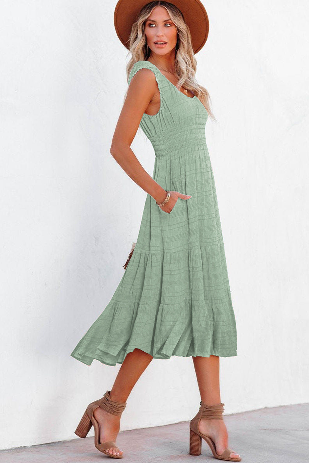 Rose pleated midi dress side view