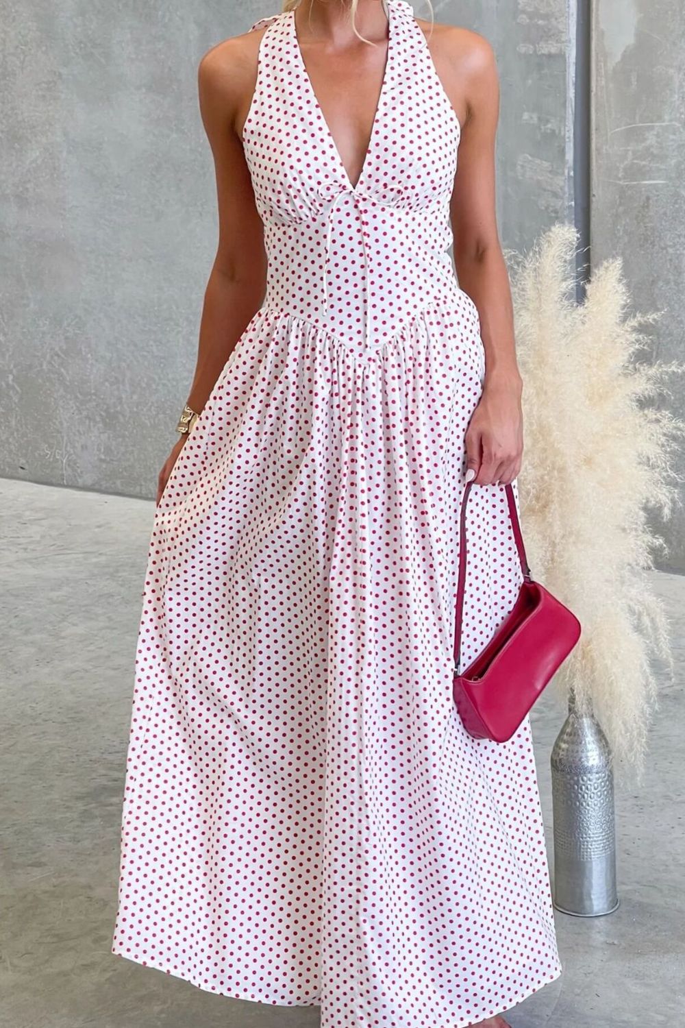 polka dot backless halter neck maxi dress front view