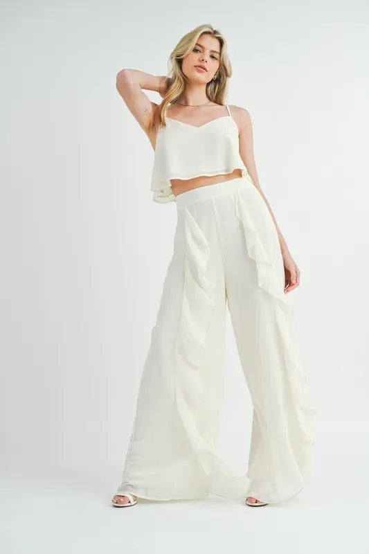 MABLE Crop Cami and Ruffled Wide Leg Pants Set - Fashorio